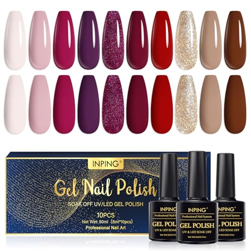 INPING UV Nagellack, 10 Farben Rosa Dunkelviolett Dunkelrot Rot Golden Glitzer Nude Braun Gel Nagellack Soak-Off UV Starter Set Geschenk für Frauen Nail Salon DIY, 8 ML von INPING