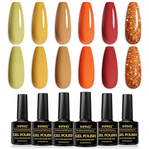INPING UV Nagellack, 6 Stück Herbst Gel Nagellack Set, Grüne Gelb Orange Glitzer Gelnägel Gel Nail Polish Soak Off für Halloween Thanksgiving Karneval Geschenk Maniküre Kit von INPING