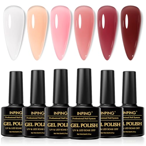 INPING UV Nagellack, 6 Farben Transparent Nude Rosa Set, Jelly Gel Nail Polish Soak-Off UV Nagellack, Gel Für UV Lampe Soak-Off Pink Serie,8ML von INPING