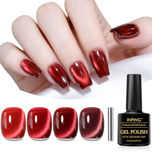 INPING UV Nagellack CatEye Magnet, 4 Farben Rot Dunkelrot Glitzer Cat Eye UV Gel, Kristalle Nagellack Soak Off Nail Polish Maniküre Geschenke für Frauen DIY Salon, 8 ML von INPING
