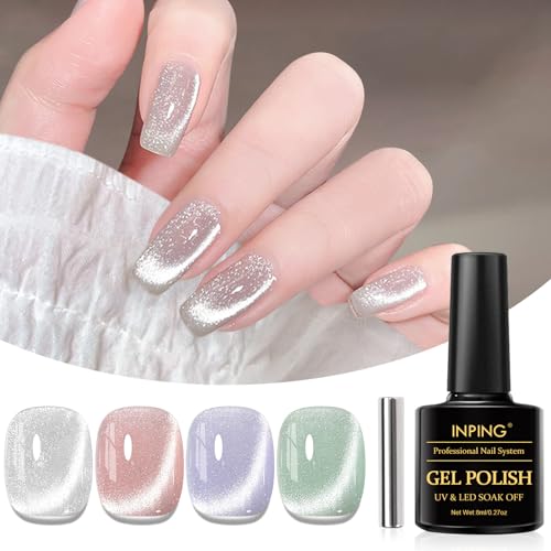 INPING UV Nagellack CatEye Magnet, 4 Farben Silberweiß Rosa Lila Grün Glitzer Gel Nagellack UV mit Magnet, Jelly Kristall Cat Eye UV Gel Soak Off Nail Polish für Frauen Nail Salon DIY, 8 ML von INPING