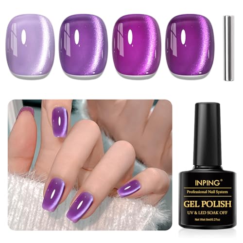 INPING UV Nagellack Jelly CatEye Magnet, 4 Farben Violett lila Kristalle Cat Eye UV Gel, Nagellack Soak Off Nail Polish für Frauen zu Hause French Maniküre Kit, 8 ML von INPING