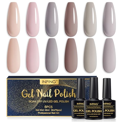 INPING UV Nagellack Set, 6 Stück Nude Braun Sammlung Gel Nagellack, Nackt Hellbraun Grau Braun Winter Herbst Gel Gelnägel Soak Off UV für Frauen DIY Nail Art Kit Valentinstag Party von INPING