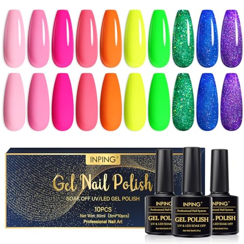 INPING UV Nagellack Neon,10 Farben Gel Nagellack Set Blau Rot Gelb Fluo Farbe Soak Off UV Gel Sommer Regenbogen Nail Art Geschenke für Mädchen, 8 ML von INPING