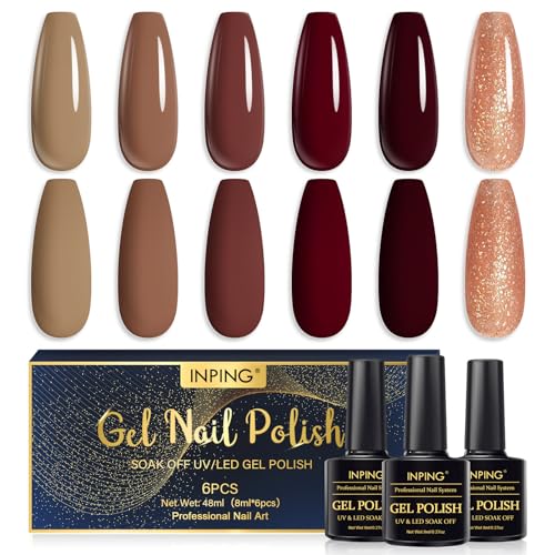 INPING UV Nagellack Nude Braun Gel Set, 6 Farben Brauntöne UV Lack Nagellack Soak Off UV Schönheit Geschenke für Frauen DIY Nail Art Design, 8 ML von INPING