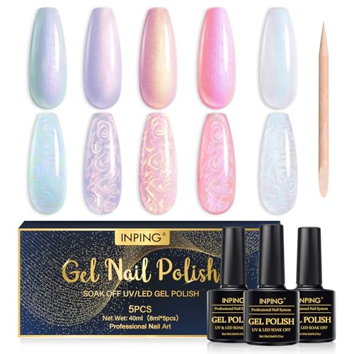 INPING UV Nagellack Pearl, 5 Farben Rosa Weiß Grün Violet Gel Nagellack UV Mit Stick, Frühling Sommer UV Gel Soak Off French Nail Polish für Frauen Nail Salon DIY, 8 ML von INPING