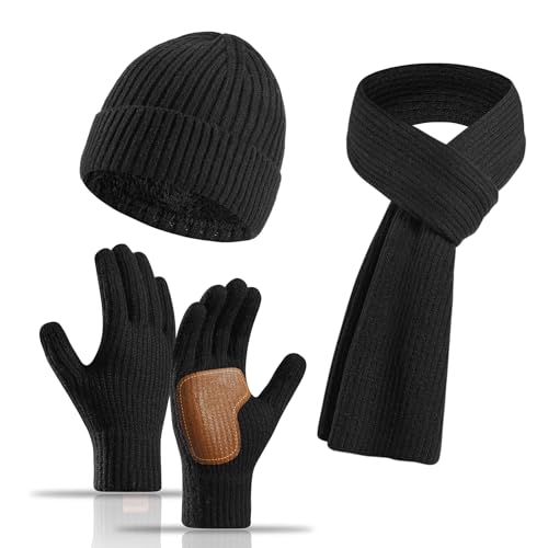 INQUIRLLY Damen Winter Warm Mütze Touchscreen Handschuhe und Lang Schal Set mit Dick Fleece Gefütterte, Thermo Wintermütze Strickmütze Beanie mit Bommel Schals Winterhandschuhe Strickhandschuhe von INQUIRLLY