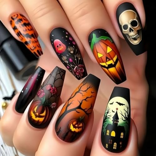 24-teiliges Halloween-Kunstnägel-Set mit Kürbis- und Netz-Designs, einfache Anwendung, Nägel für festliche Accessoires, Halloween-Nageldesigns für Frauen von INSEOWI