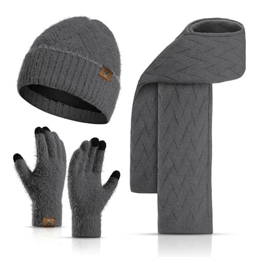 INSISMY Damen Mütze Schal und Touchscreen Handschuhe Set für Damen Winter Warm Langer Schal Fleece Gefüttert Beanie Skull Cap von INSISMY