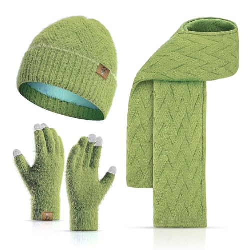 INSISMY Damen Mütze Schal und Touchscreen Handschuhe Set für Damen Winter Warm Langer Schal Fleece Gefüttert Beanie Skull Cap von INSISMY
