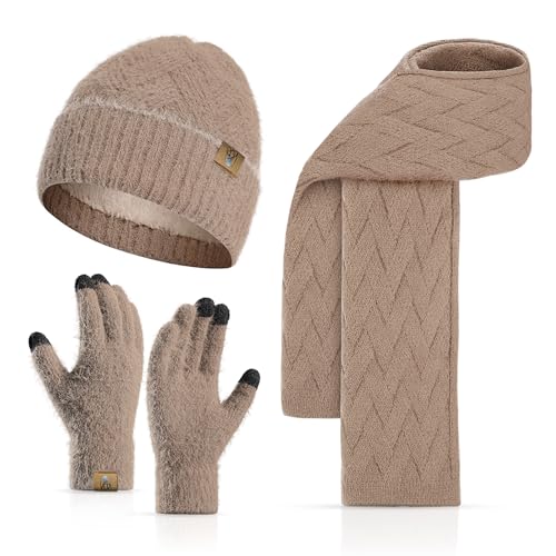INSISMY Damen Mütze Schal und Touchscreen Handschuhe Set für Damen Winter Warm Langer Schal Fleece Gefüttert Beanie Skull Cap von INSISMY