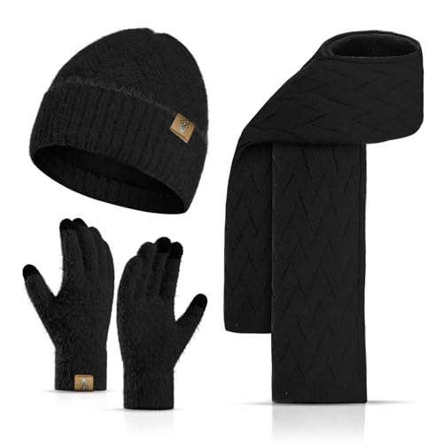 INSISMY Damen Mütze Schal und Touchscreen Handschuhe Set für Damen Winter Warm Langer Schal Fleece Gefüttert Beanie Skull Cap von INSISMY