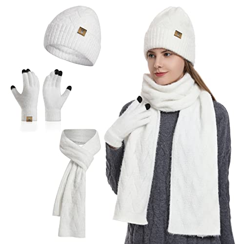 INSISMY Damen Mütze Schal und Touchscreen Handschuhe Set für Damen Winter Warm Langer Schal Fleece Gefüttert Beanie Skull Cap von INSISMY