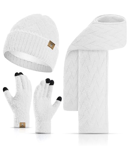 INSISMY Damen Mütze Schal und Touchscreen Handschuhe Set für Damen Winter Warm Langer Schal Fleece Gefüttert Beanie Skull Cap von INSISMY