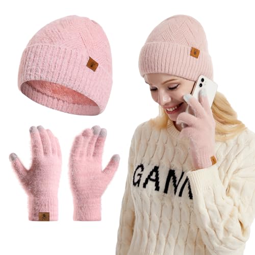 INSISMY Damen Mütze Touchscreen Handschuhe Set Winter Warme Weiche Doppelschicht Fleece Gefüttert Beanie Skull Caps von INSISMY
