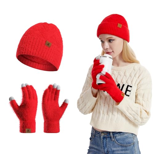 INSISMY Damen Mütze Touchscreen Handschuhe Set Winter Warme Weiche Doppelschicht Fleece Gefüttert Beanie Skull Caps von INSISMY