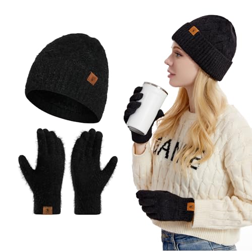 INSISMY Damen Mütze Touchscreen Handschuhe Set Winter Warme Weiche Doppelschicht Fleece Gefüttert Beanie Skull Caps von INSISMY