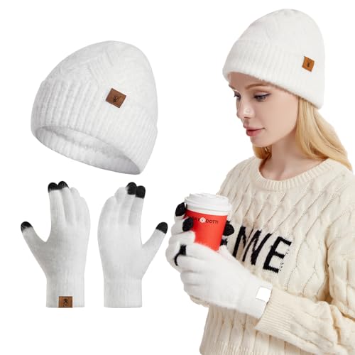 INSISMY Damen Mütze Touchscreen Handschuhe Set Winter Warme Weiche Doppelschicht Fleece Gefüttert Beanie Skull Caps von INSISMY
