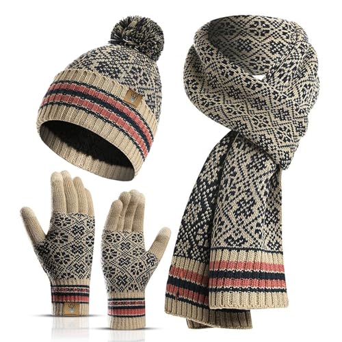 INSISMY Mütze Schal Handschuh Set Winter Weich Warm Pelzgefütterte Bommelmütze Langer Schal und Touchscreen Handschuhe Set 3-teiliges Retro Schneeflockenmuster Gestrickte Damen Unisex Khaki von INSISMY