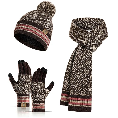 INSISMY Mütze Schal Handschuh Set Winter Weich Warm Pelzgefütterte Bommelmütze Langer Schal und Touchscreen Handschuhe Set 3-teiliges Retro Schneeflockenmuster Gestrickte Damen Unisex von INSISMY
