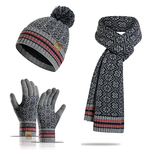 INSISMY Mütze Schal Handschuh Set Winter Weich Warm Pelzgefütterte Bommelmütze Langer Schal und Touchscreen Handschuhe Set 3-teiliges Retro Schneeflockenmuster Gestrickte Damen Unisex von INSISMY