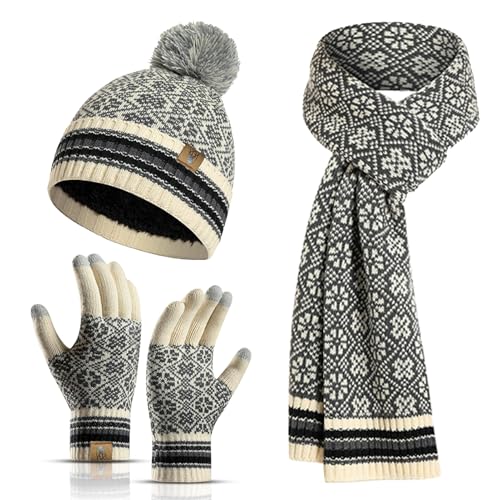 INSISMY Mütze Schal Handschuh Set Winter Weich Warm Pelzgefütterte Bommelmütze Langer Schal und Touchscreen Handschuhe Set 3-teiliges Retro Schneeflockenmuster Gestrickte Damen Unisex von INSISMY