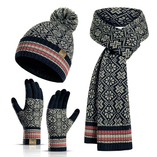 INSISMY Mütze Schal Handschuh Set Winter Weich Warm Pelzgefütterte Bommelmütze Langer Schal und Touchscreen Handschuhe Set 3-teiliges Retro Schneeflockenmuster Gestrickte Damen Unisex von INSISMY