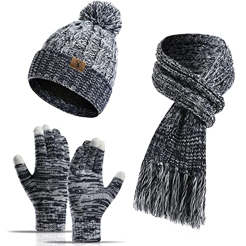 INSISMY Mütze Schal handschuhe Set Winter Weich Warm Pelzgefütterte Bommelmütze Langer Schal mit Quaste und Touchscreen Handschuhe Set 3-teiliges Melange Gestrickt Damen Unisex Dunkelblau von INSISMY