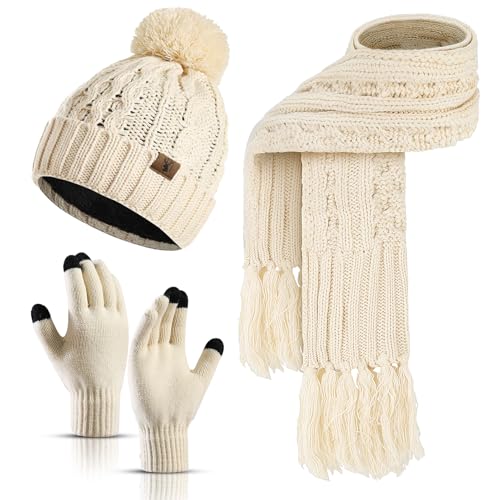 INSISMY Mütze Schal handschuhe Set Winter Weich Warm Pelzgefütterte Bommelmütze Langer Schal mit Quaste und Touchscreen Handschuhe Set 3-teiliges Melange Gestrickt Damen Unisex Beige von INSISMY