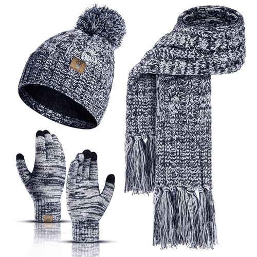 INSISMY Mütze Schal handschuhe Set Winter Weich Warm Pelzgefütterte Bommelmütze Langer Schal mit Quaste und Touchscreen Handschuhe Set 3-teiliges Melange Gestrickt Damen Unisex Dunkelblau von INSISMY