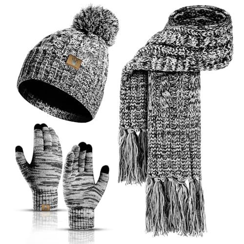 INSISMY Mütze Schal handschuhe Set Winter Weich Warm Pelzgefütterte Bommelmütze Langer Schal mit Quaste und Touchscreen Handschuhe Set 3-teiliges Melange Gestrickt Damen Unisex Dunkelgrau von INSISMY