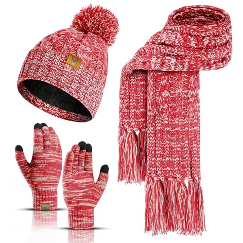 INSISMY Mütze Schal handschuhe Set Winter Weich Warm Pelzgefütterte Bommelmütze Langer Schal mit Quaste und Touchscreen Handschuhe Set 3-teiliges Melange Gestrickt Damen Unisex Rose Rot von INSISMY