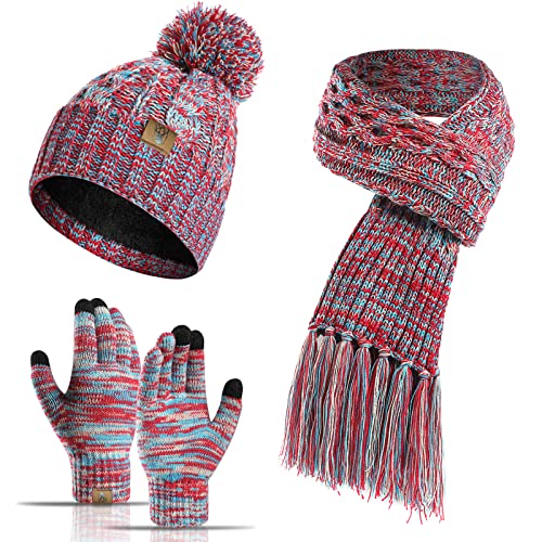 INSISMY Mütze Schal handschuhe Set Winter Weich Warm Pelzgefütterte Bommelmütze Langer Schal mit Quaste und Touchscreen Handschuhe Set 3-teiliges Melange Gestrickt Damen Unisex von INSISMY