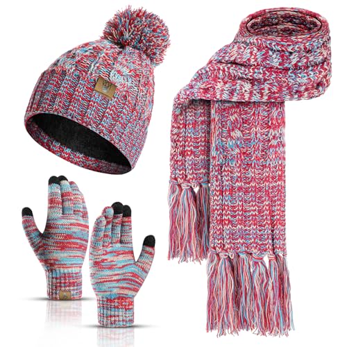 INSISMY Mütze Schal handschuhe Set Winter Weich Warm Pelzgefütterte Bommelmütze Langer Schal mit Quaste und Touchscreen Handschuhe Set 3-teiliges Melange Gestrickt Damen Unisex von INSISMY