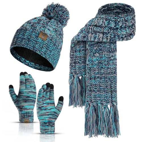 INSISMY Mütze Schal handschuhe Set Winter Weich Warm Pelzgefütterte Bommelmütze Langer Schal mit Quaste und Touchscreen Handschuhe Set 3-teiliges Melange Gestrickt Damen Unisex von INSISMY