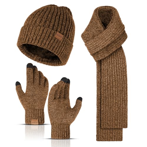 INSISMY Mütze Schal und Touchscreen Handschuhe Set Wintermütze Thermohandschuhe Schal für Herren Strickmütze 3 STÜCKE Unisex Hüte für Damen Winter Accessoires für Herren Damen Braun von INSISMY