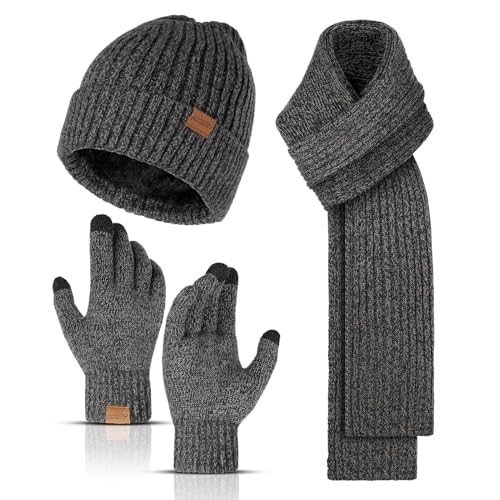 INSISMY Mütze Schal und Touchscreen Handschuhe Set Wintermütze Thermohandschuhe Schal für Herren Strickmütze 3 STÜCKE Unisex Hüte für Damen Winter Accessoires für Herren Damen Dunkelgrau von INSISMY