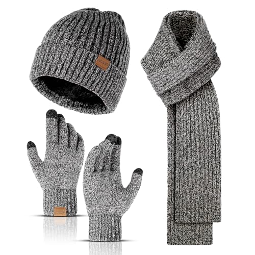 INSISMY Mütze Schal und Touchscreen Handschuhe Set Wintermütze Thermohandschuhe Schal für Herren Strickmütze 3 STÜCKE Unisex Hüte für Damen Winter Accessoires für Herren Damen Grau von INSISMY