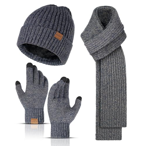 INSISMY Mütze Schal und Touchscreen Handschuhe Set Wintermütze Thermohandschuhe Schal für Herren Strickmütze 3 STÜCKE Unisex Hüte für Damen Winter Accessoires für Herren Damen Navy blau von INSISMY