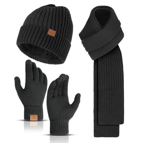 INSISMY Mütze Schal und Touchscreen Handschuhe Set Wintermütze Thermohandschuhe Schal für Herren Strickmütze 3 STÜCKE Unisex Hüte für Damen Winter Accessoires für Herren Damen Schwarz von INSISMY