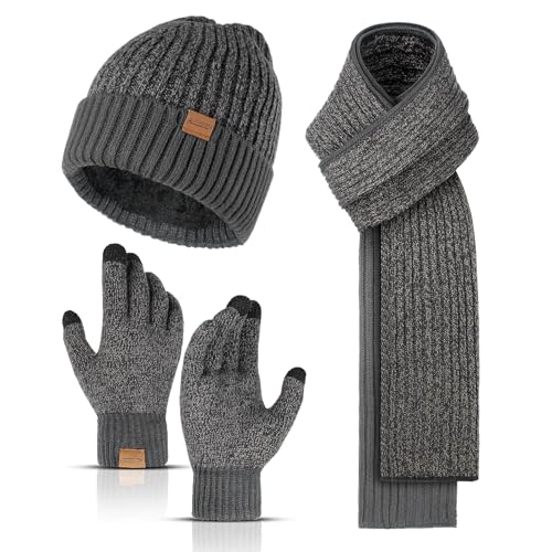 INSISMY Mütze Schal und Touchscreen Handschuhe Set Wintermütze Thermohandschuhe Schal für Herren Strickmütze 3 STÜCKE Unisex Hüte für Damen Winter Accessoires für Herren Damen von INSISMY