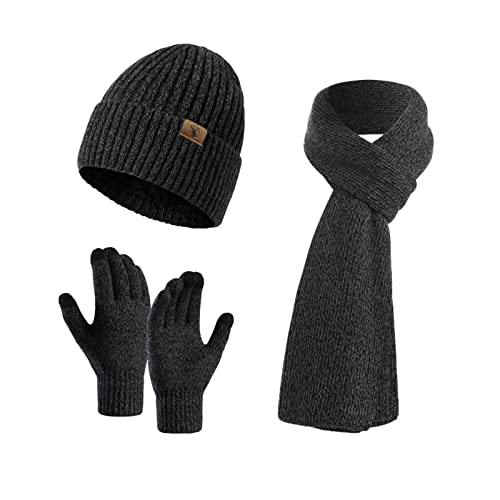 INSISMY Mütze Schal und Touchscreen Handschuhe Set Wintermütze Thermohandschuhe Schal für Herren Strickmütze 3 STÜCKE Unisex Hüte für Damen Winter Accessoires für Herren Damen Dunkelgrau von INSISMY