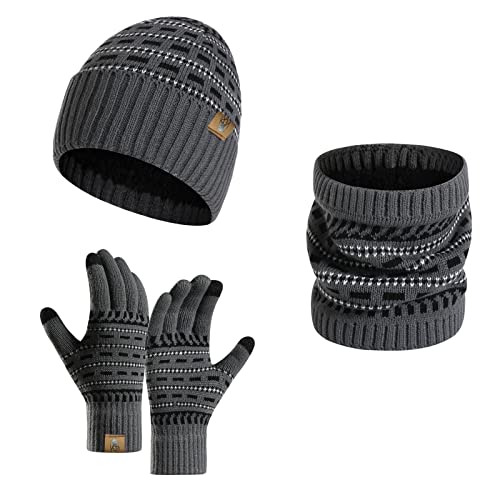 INSISMY Winter Beanie Mütze Schal und Touchscreen Handschuhe Set, Strickmützen Thermohandschuhe für Damen und Herren Halswärmer 3 Stück Totenkopf Kappe Dickes Fleece von INSISMY