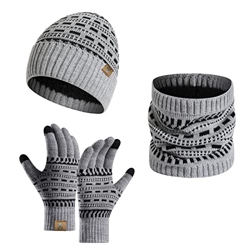 INSISMY Winter Beanie Mütze Schal und Touchscreen Handschuhe Set, Strickmützen Thermohandschuhe für Damen und Herren Halswärmer 3 Stück Totenkopf Kappe Dickes Fleece von INSISMY