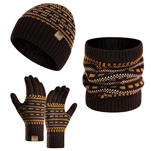 INSISMY Winter Beanie Mütze Schal und Touchscreen Handschuhe Set, Strickmützen Thermohandschuhe für Damen und Herren Halswärmer 3 Stück Totenkopf Kappe Dickes Fleece von INSISMY