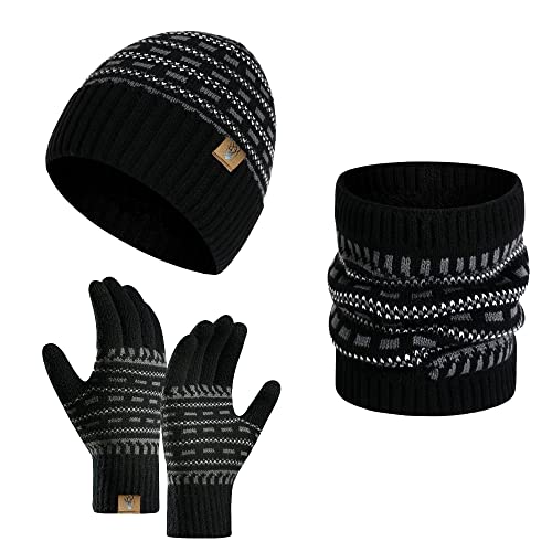 INSISMY Winter Beanie Mütze Schal und Touchscreen Handschuhe Set, Strickmützen Thermohandschuhe für Damen und Herren Halswärmer 3 Stück Totenkopf Kappe Dickes Fleece von INSISMY