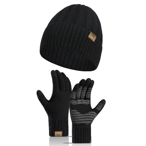 INSISMY Winter Warm Beanie Mütze Herren Touchscreen Handschuhe Set Knit Skull Cap Thermo Anti-Rutsch Handschuhe mit Fleece Gefüttert von INSISMY