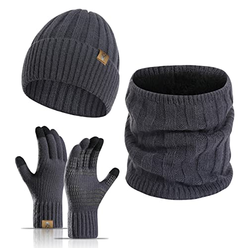 INSISMY Wintermütze Loop Schal Touchscreen Handschuhe Set für Herren Damen Thermo Halswärmer Anti-Rutsch-Handschuhe Dick gestrickte Skull Cap mit Fleecefutter von INSISMY