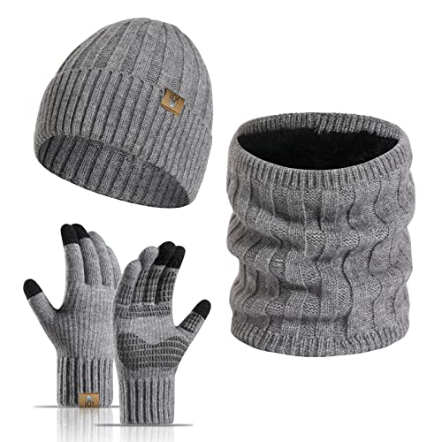 INSISMY Wintermütze Loop Schal Touchscreen Handschuhe Set für Herren Damen Thermo Halswärmer Anti-Rutsch-Handschuhe Dick gestrickte Skull Cap mit Fleecefutter von INSISMY