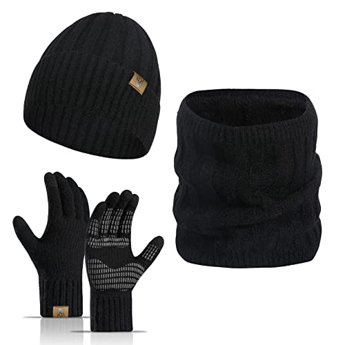 INSISMY Wintermütze Loop Schal Touchscreen Handschuhe Set für Herren Damen Thermo Halswärmer Anti-Rutsch-Handschuhe Dick gestrickte Skull Cap mit Fleecefutter von INSISMY